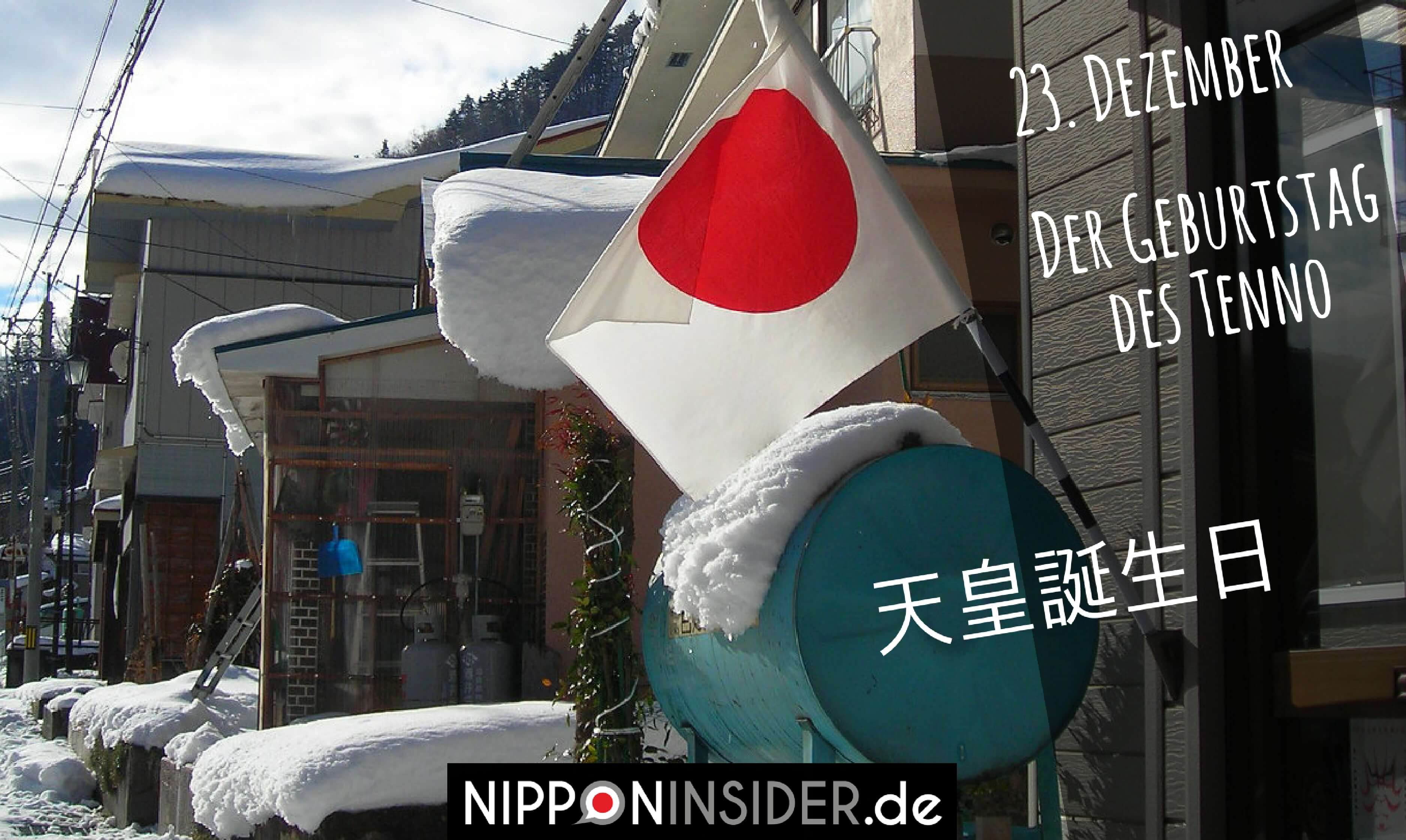 japanischer Feiertag am 23. Dezember: Tenno Tanjoubi, der Geburtstag des Tenno. Japanische Flagge vor einem Haus im Schnee | Nipponinsider.de