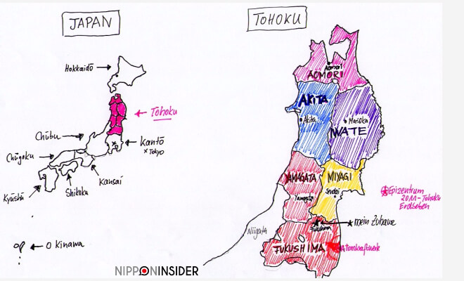 handgezeichnete Japan-Karte mit Tohoku und handgezeichnete Tohoku-Karte mit den 6 Präfekturen | Nipponinsider Japanblog