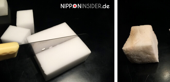 Links: Würfel schneiden mit einem Messer| Rechts: Radierschwamm in Gebrauch | Nipponinsider